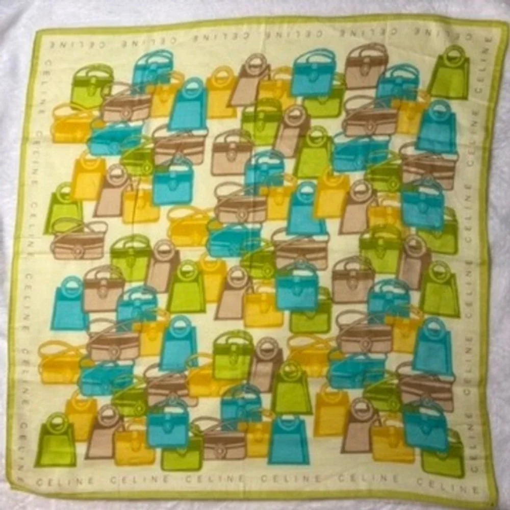 Vtg CELINE Scarf Handkerchief Handbag Motif Multicolor blue green 22